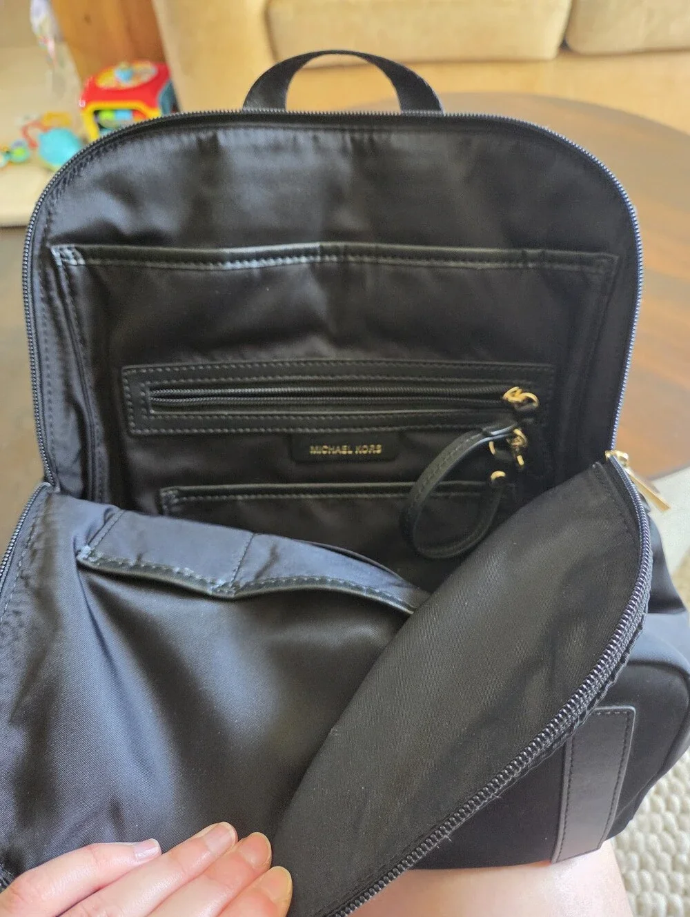 Michael Kors Polly Medium Nylon Backpack Black Gold Lightweight